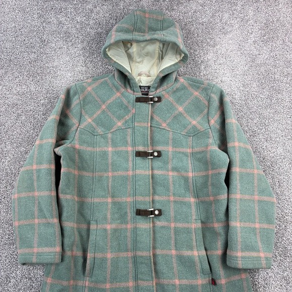 Woolrich Duffle Coat Women's Large Green Plaid Hooded Toggle Wool Blend 15606 - Picture 1 of 7
